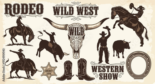 Vintage Rodeo Wild West Collection: Cowboys, Bulls, Horses, and Western Symbols