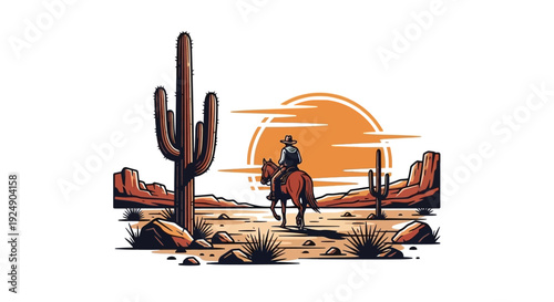 Cowboy Riding Horse in Desert Landscape with Saguaro Cactus and Sun
