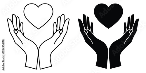 Black and white line art illustration of hands holding hearts in a symbolic gesture of love and care