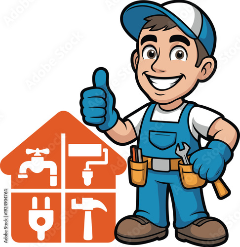 Cartoon-style vector illustration of handyman with tool belt and house service icons for plumbing, painting, electrical, and carpentry themes.