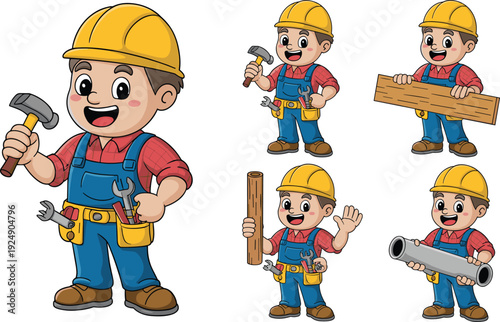 Cartoon-style vector illustration of construction worker character with tools, hard hat, and multiple poses for labor and vocational themes.