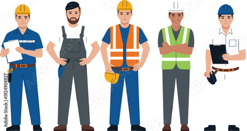 Cartoon-style vector illustrations of construction and engineering professionals with safety gear, clipboards, and tools for labor and vocational design themes.