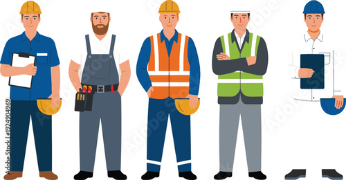 Cartoon-style vector illustrations of construction and engineering workers with safety gear, tools, and clipboards for labor and vocational themes.
