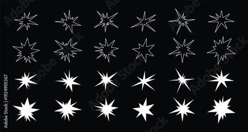 Starburst icon set in white on black background. Sharp radiant sparkle shapes for comic and festive effects. Clean vector elements for banners, graphics, and modern design.