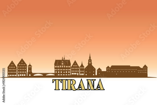 Global city Tirana shown in a detailed vector skyline with a golden hour sky