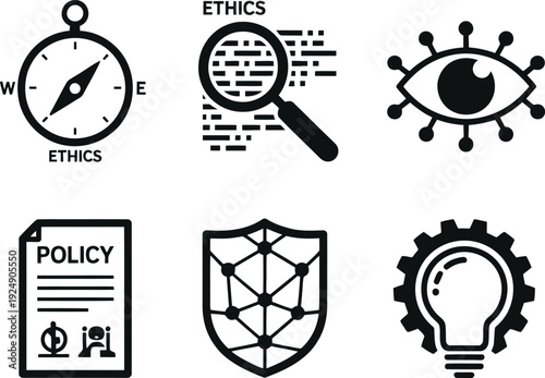 A collection of icons representing ethics, policy, and innovation in business