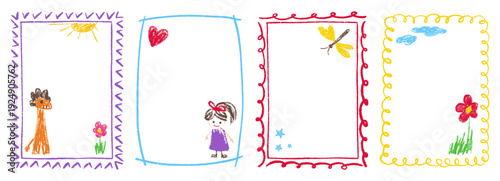 Kindergarten pastel crayon with frame border box for kid pencil text. Drawn drawing shape with heart birthday cute for child childish day. Gift kids kindergarten with doodle frame chalk.