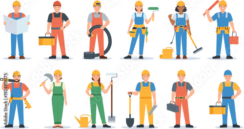 Cartoon-style vector illustrations of construction, gardening, and maintenance workers with tools for vocational training, labor, and educational design themes.