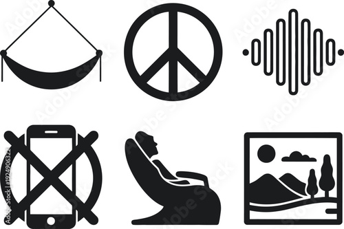 A collection of black and white icons representing relaxation and technology