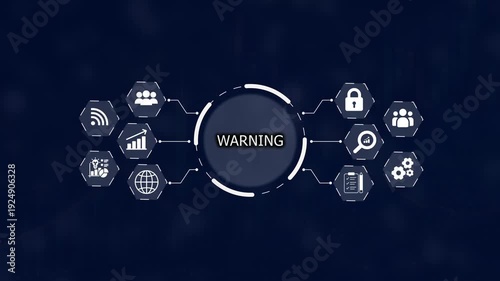 Central circular hub labeled WARNING connected by lines to surrounding hexagonal representing data analysis people security global network and
