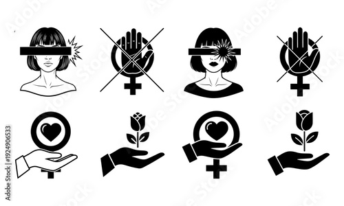 Feminism pose vector set of women empowerment icons