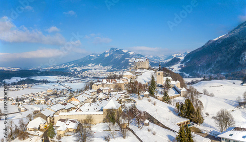Принти на полотні Panorama aerial image of the medieval town Gruyeres with Castle on the hill top of Alps in winter