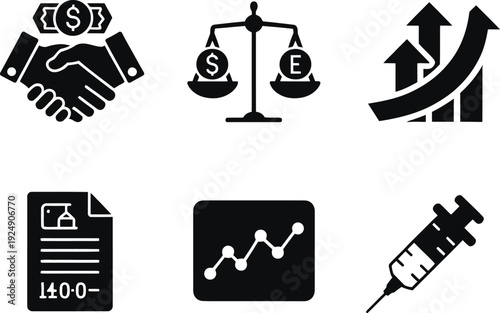 A collection of black and white icons representing business and finance concepts