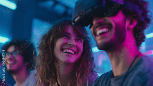Diverse young adults playing VR games in neon arcade