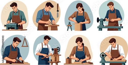 Cartoon-style vector illustrations of woodworking and crafting tasks with tools, safety gear, and carpentry activities for vocational design themes.