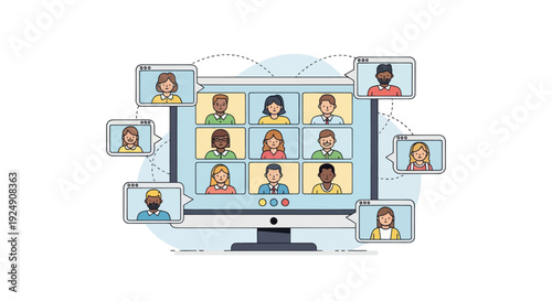 Video conference call with diverse people collaborating online.