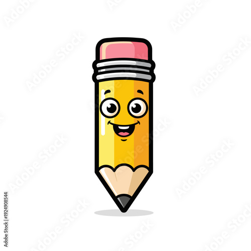 Happy cartoon pencil with a cheerful face and eraser on top.