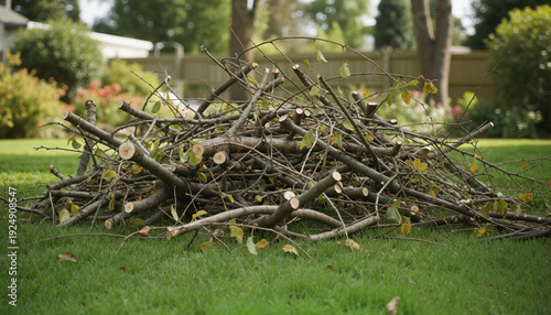 Pruned branches on grass pile in garden with green foliage  