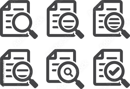 A set of document icons with magnifying glasses for search and verification