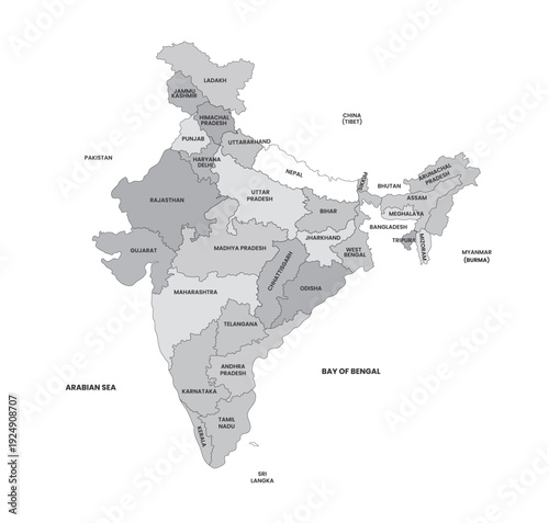 Highly Detailed Vector Illustration Grey Scale Map Of India With States Names