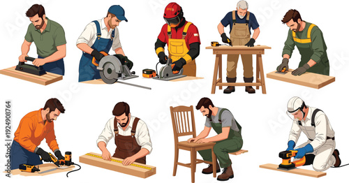 Cartoon-style vector illustrations of woodworking tasks with tools, safety gear, and carpentry activities for DIY, craft, and design themes.