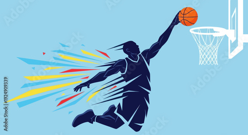 Dynamic illustration of a basketball player performing a slam dunk with vibrant energy
