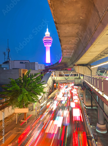 Urban Night Speed: Tower and Train Lights, Samutprakarn, Thailand