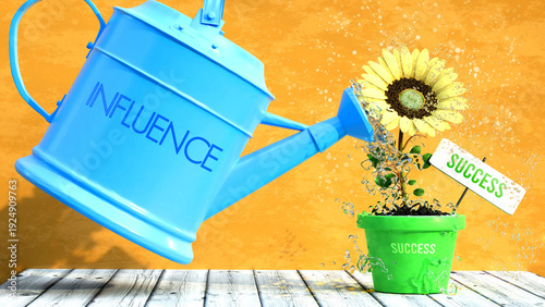 Influence gives success. A metaphor in which influence is the power that makes success to grow. Same as water is important for flowers to blossom. No AI, made by humans for humans.  ,3d illustration