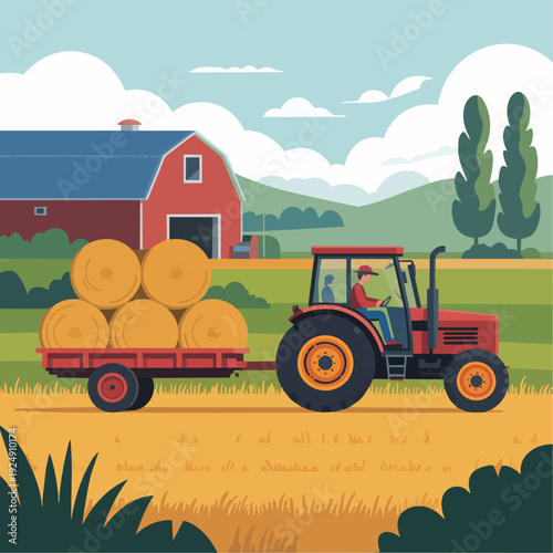 Tractor Driver Transporting Hay

Flat vector illustration of a tractor driver transporting hay bales on a trailer. Barn and rural landscape visible. Flat vector style, countryside atmosphere.