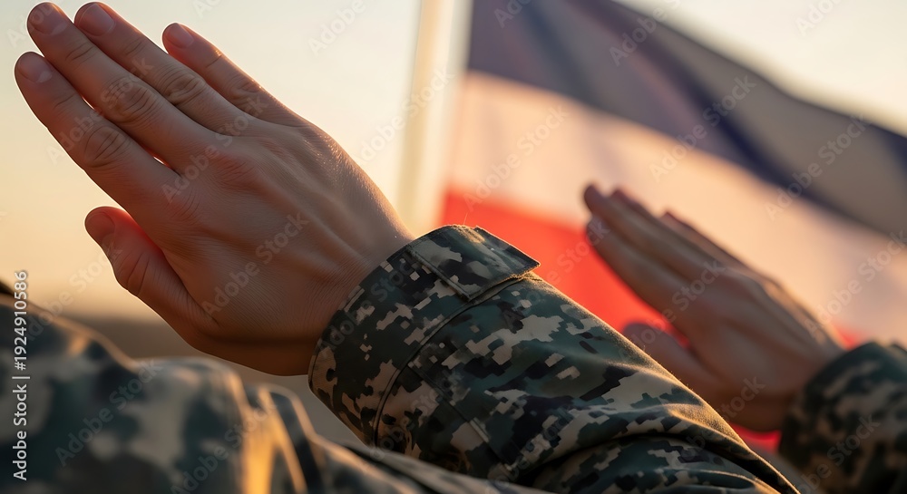 Obraz premium A soldier in camouflage uniform with hands raised in prayer or salute before a flag