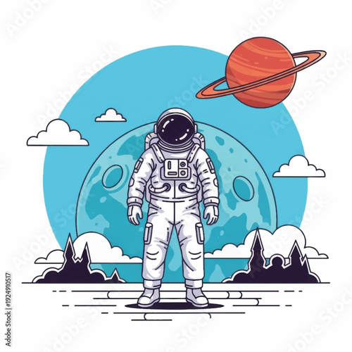 Astronaut in white spacesuit standing on planet.