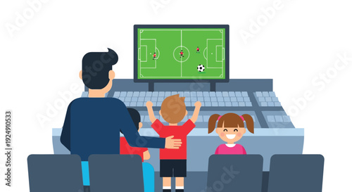Father and two children watching an exciting soccer game on a big screen in a stadium, cheering for their favorite team.