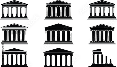Collection of nine stylized black silhouette illustrations of classical Greek and Roman temple buildings with columns, pediments, ancient architecture, historical design