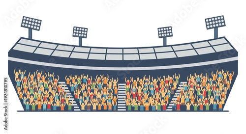 A cartoon illustration of a sports stadium packed with a cheering crowd under bright lights.