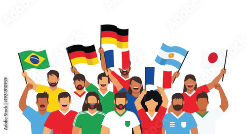 A diverse crowd of international sports fans cheering with flags from various countries.