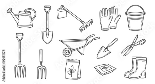 A collection of hand-drawn gardening tools and equipment.