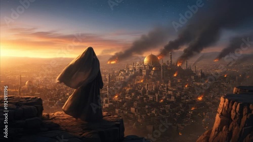 Mysterious figure watches over burning ancient city at sunset