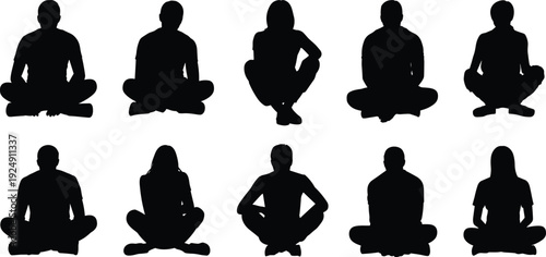 Collection of ten stylized meditation silhouettes, symbolizing mindfulness, yoga, relaxation, diversity, unity, and spiritual wellness practices