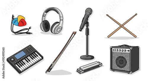A collection of various musical instruments and audio recording equipment.