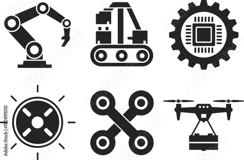 A collection of industrial and technological icons on a white background
