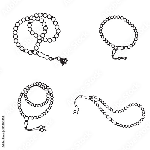 A sheet of Islamic prayer beads tasbih vector illustration with decorative background in landscape orientation.