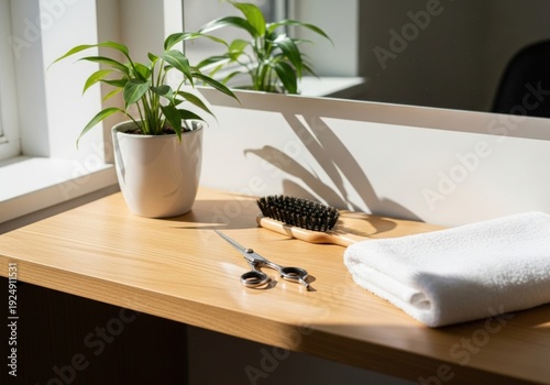 A bright, minimalist salon station in the morning light. Neatly organized: a single plant, a pair of shiny shears, a clean brush, and a folded towel on a light wood surface.