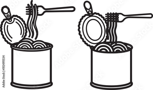 Black and white outline icons showing open cans of spaghetti and meatballs with forks, indicating quick meals