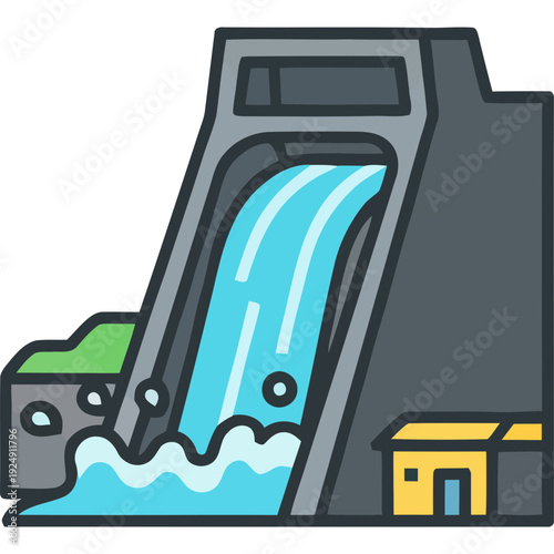 A cartoon illustration of a dam with water flowing out.