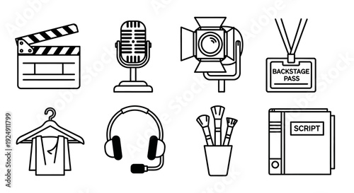 Line art icons representing film production, theater, and media tools.