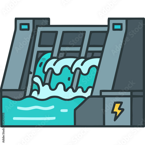 Hydroelectric dam generating power with flowing water and lightning symbol
