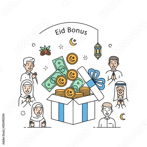 Eid Bonus Gift Box Illustration with Muslim Family and Financial Reward Concept