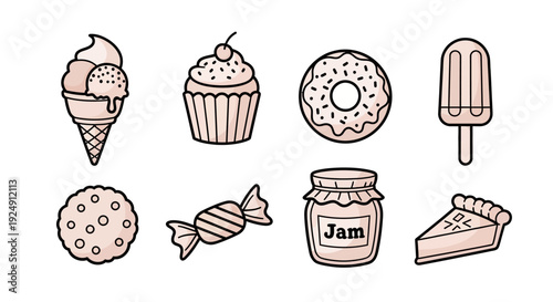 Collection of sweet treats and dessert icons in a playful cartoon style.