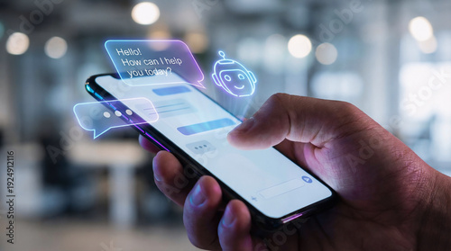 close‑up of a person holding a smartphone with holographic chatbot bubbles, typing indicators, and a glowing AI robot icon