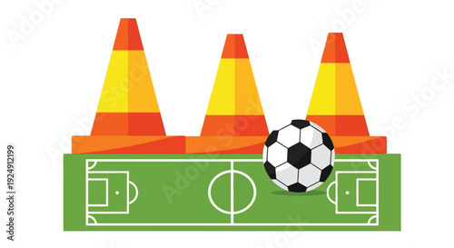 Soccer field with a black and white ball and three orange training cones for sports practice.